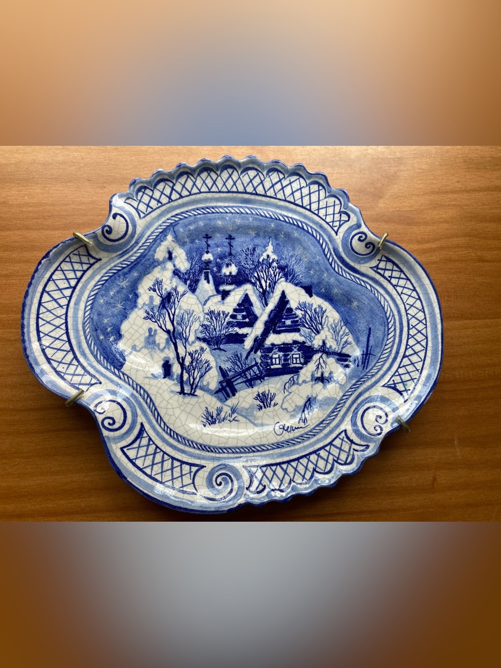 Hand-Painted Blue & White Crackle Glaze Winter Village Decorative Wall Plate